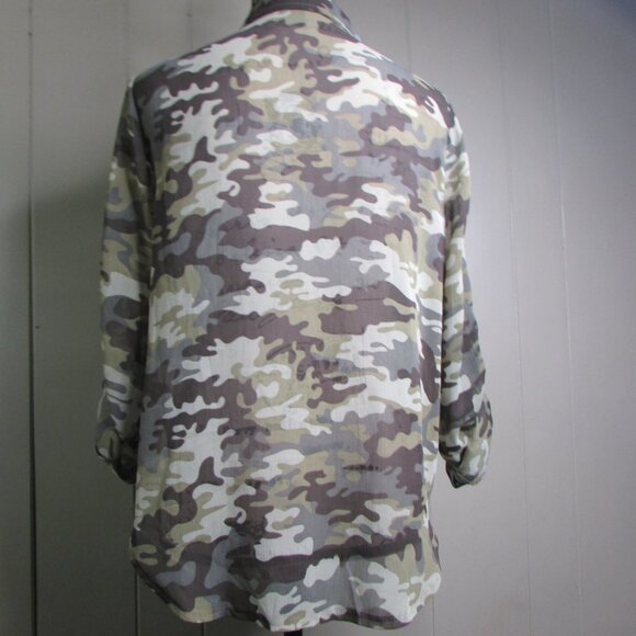 Living Doll Sheer Blouse Shirt M Button Up Camo Green Brown - Picture 11 of 12
